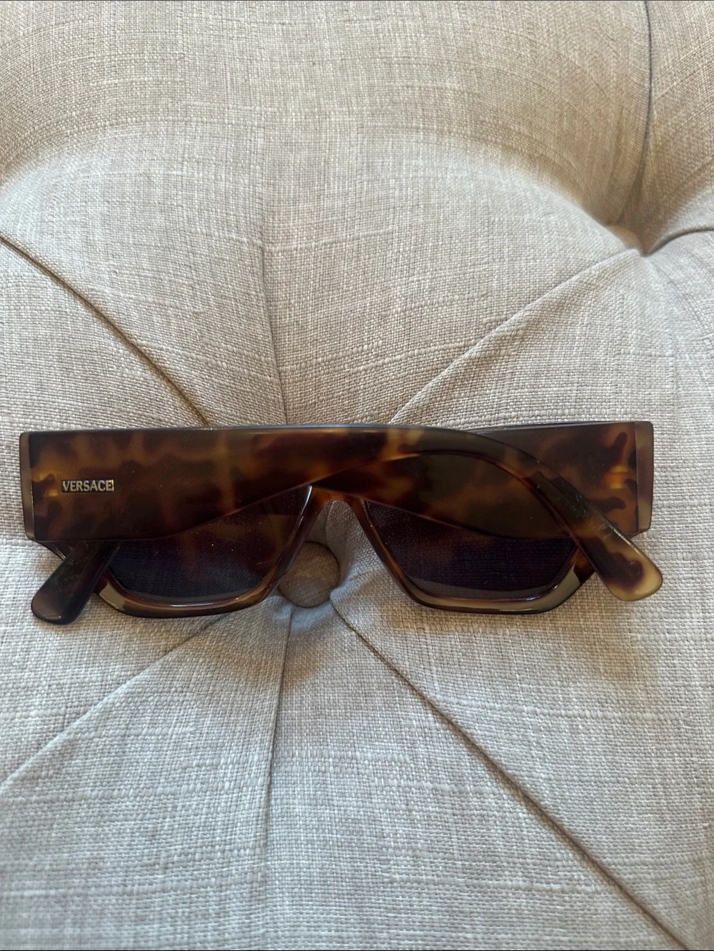 Vintage 90s Gianni Versace Tortoiseshell Rectangular Sunglasses with Dark Lenses